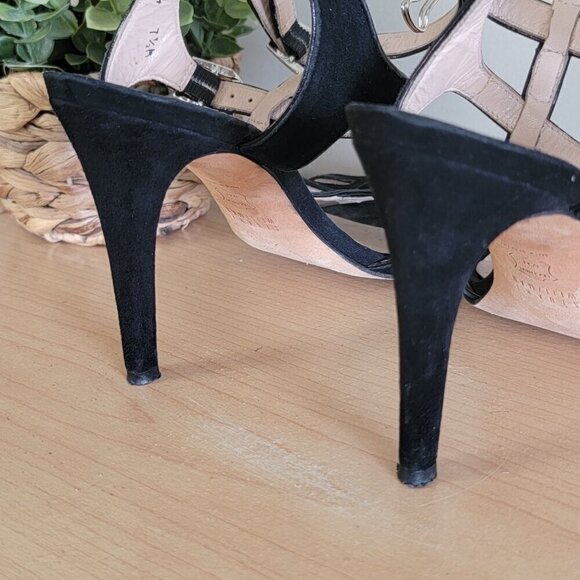 Stuart Weitzman T Strap Black Suede Double Ankle Buckle Strappy Heels Sandals - Picture 6 of 16